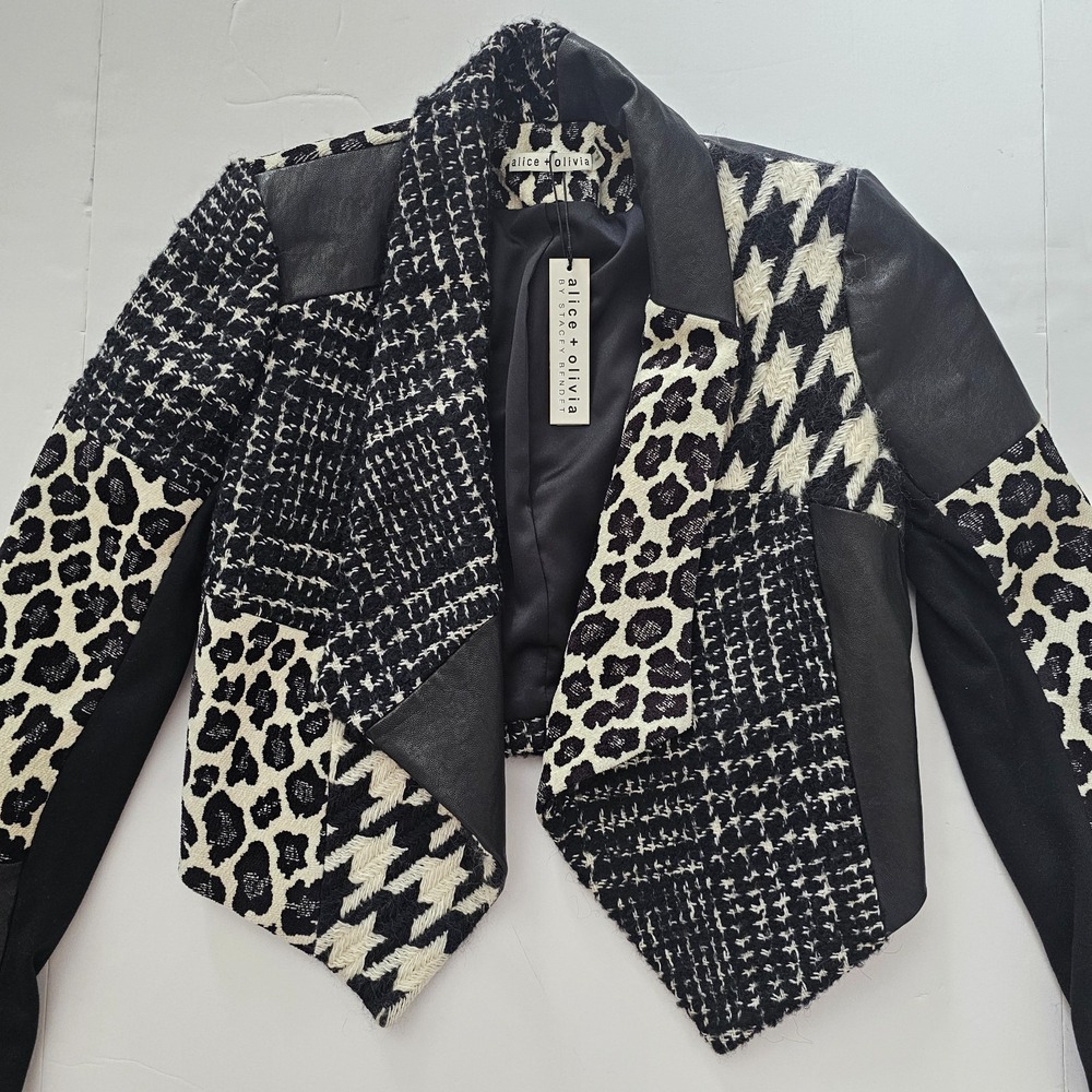 Alice + Olivia Small Harvey Cropped Tweed Leather Leopard Jacket Patchwork NWT - Picture 3 of 12